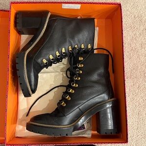 Tory Burch Miller 95MM Lug Sole Bootie Black Leather Sz 8.5 EUC